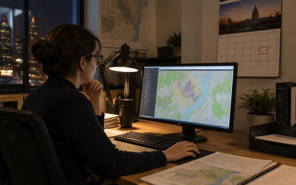 Planner working late at a desk with a city map on screen and a circled calendar date