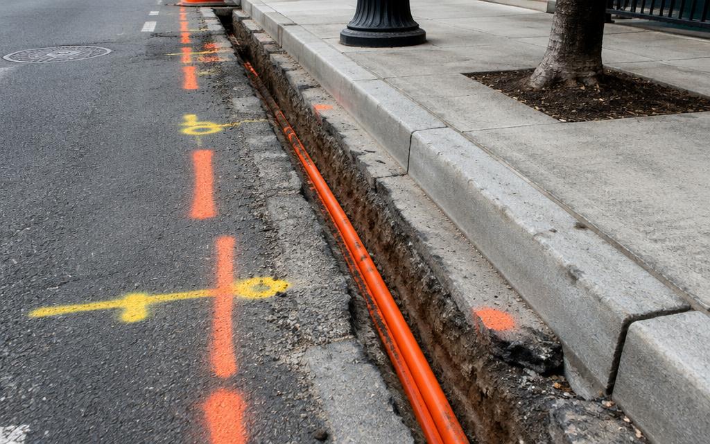Fiber conduit trench along a downtown curb with orange and yellow paint marks