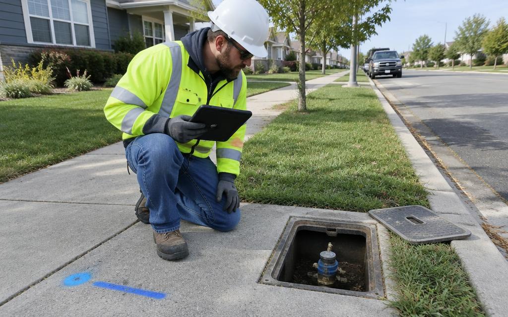 Utility worker with a tablet kneeling at a residential curb stop