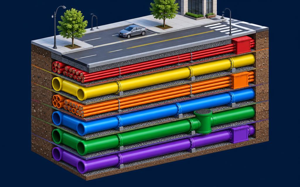 Cross-section of one street showing six colored utility layers