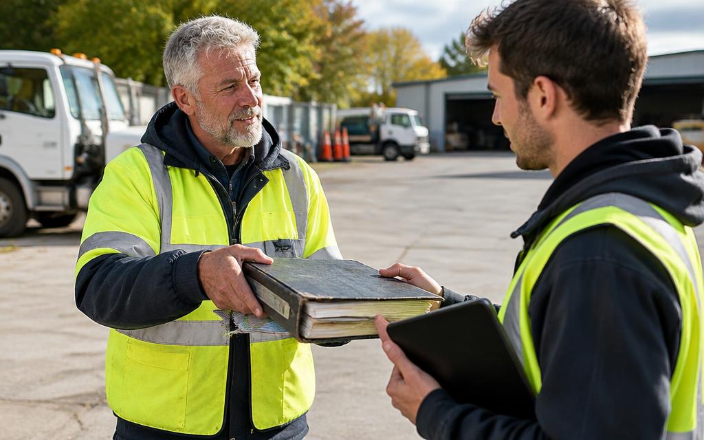 Veteran field worker handing a worn map binder to a younger colleague with a tablet