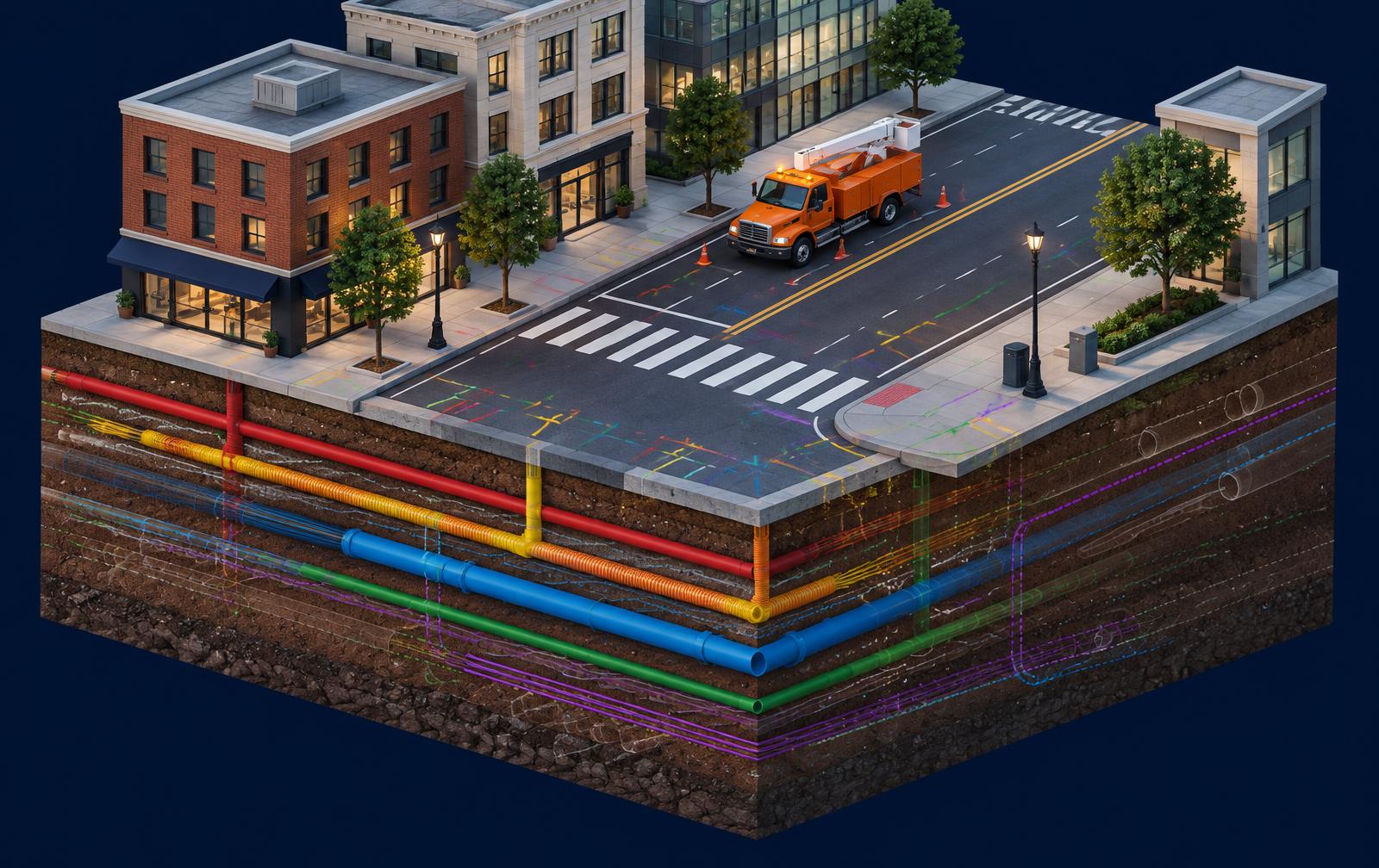 Isometric cutaway of a downtown street with known and unknown utility lines below the pavement